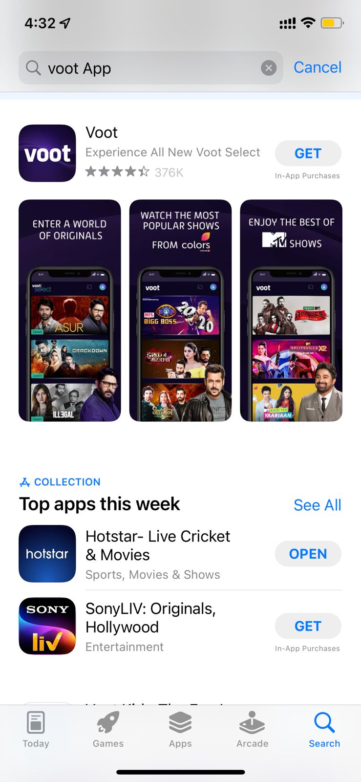 Search for Voot App on Apple Store from the iPhone