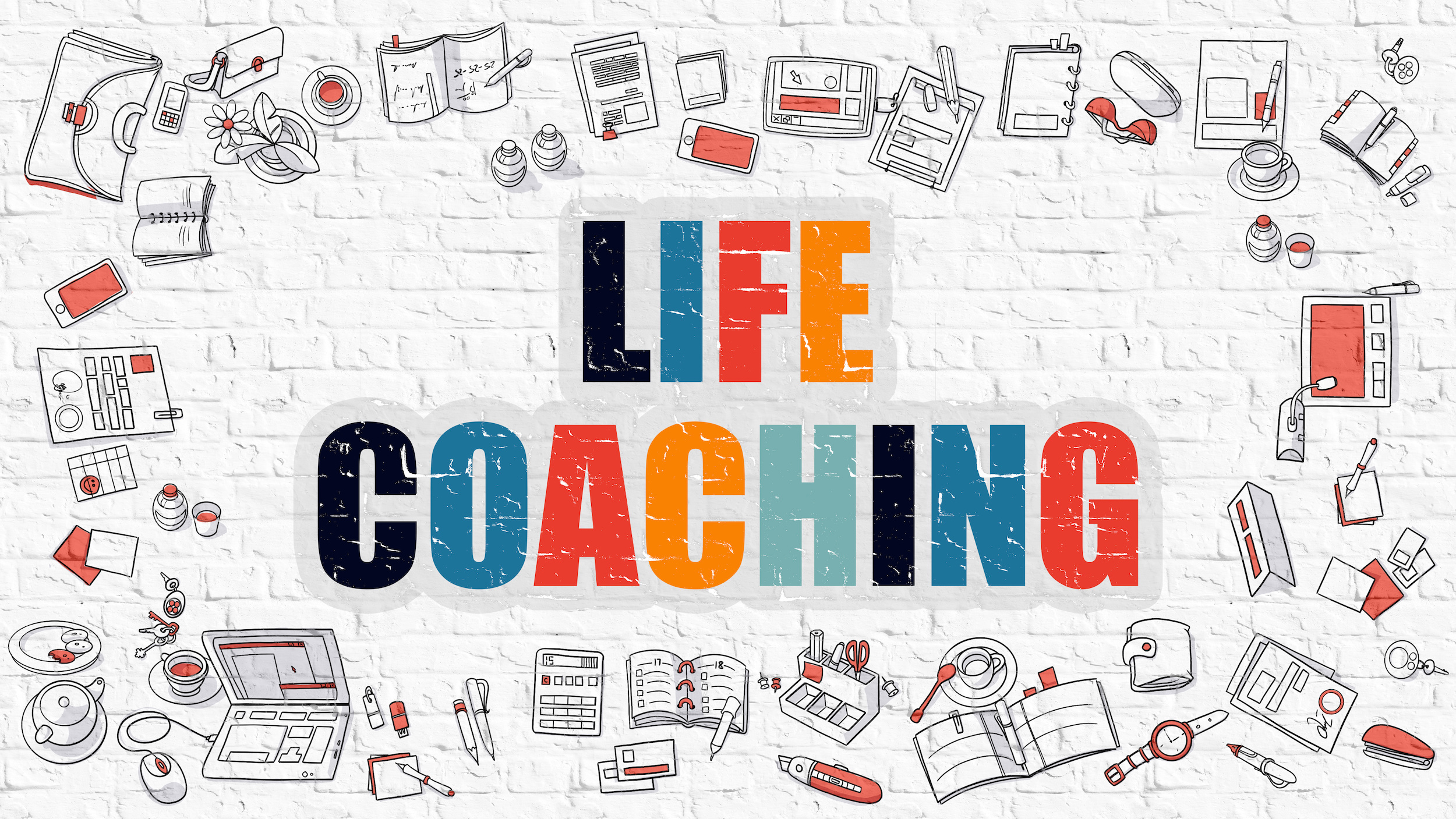 Life Coaching - Multicolor Concept with Doodle Icons Around on White Brick Wall Background. Modern Illustration with Elements of Doodle Design Style.