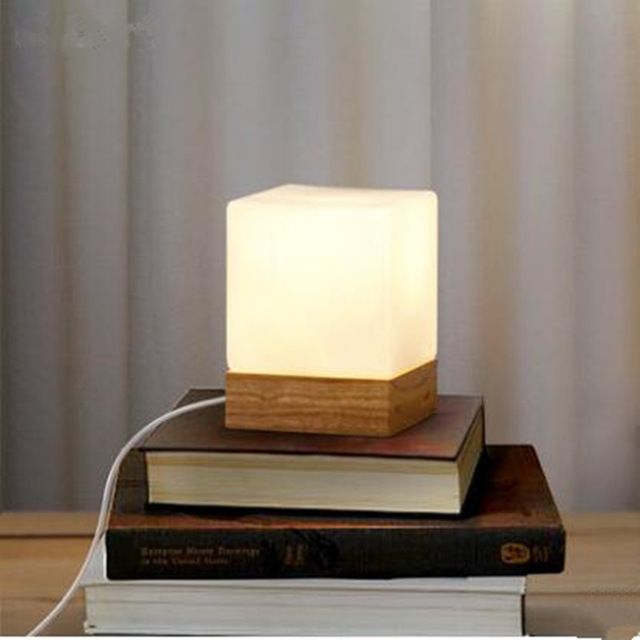 Modern table lamp wood base and white square glass lamp shade LED indoor light desk bed room Office table lamp ejv0