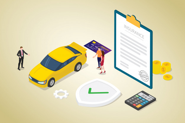 Car insurance concept with car and contract paper with team people and modern isometric flat style Premium Vector